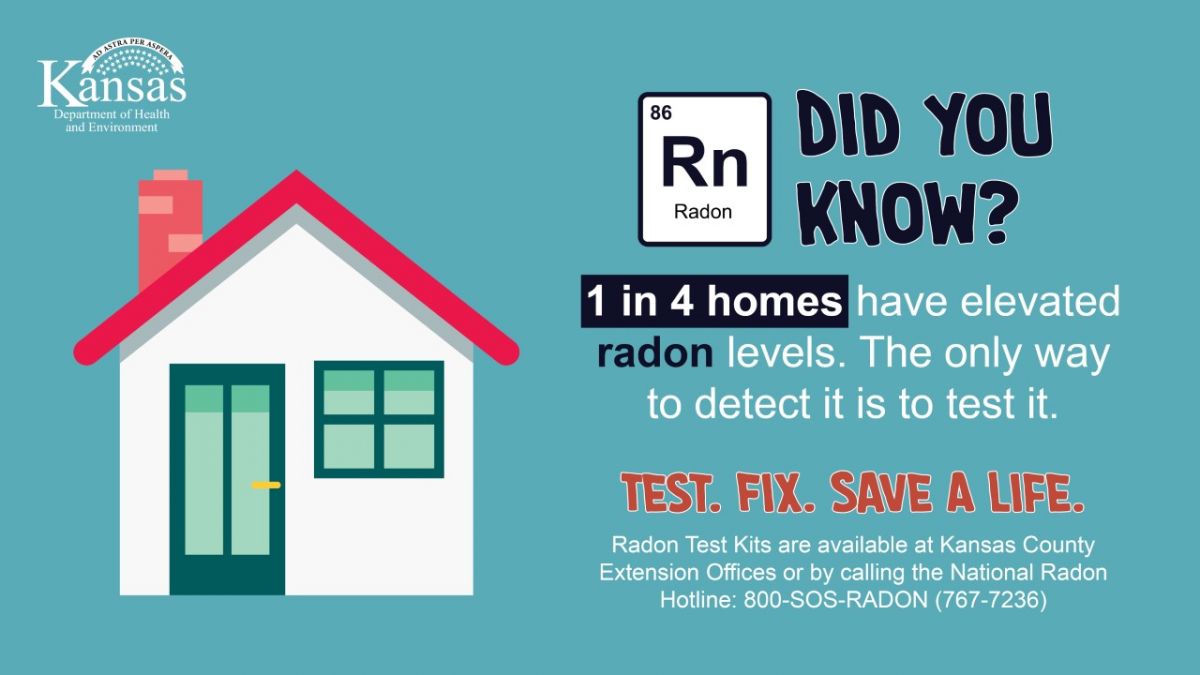 Did you know? 1 in 4 homes in Kansas have elevated radon levels. The only way to know is to test. . Test. Fix. Save a Life. Test kits are available at Kansas County Extension Offices and at the National Radon Program Services 800-767-7236